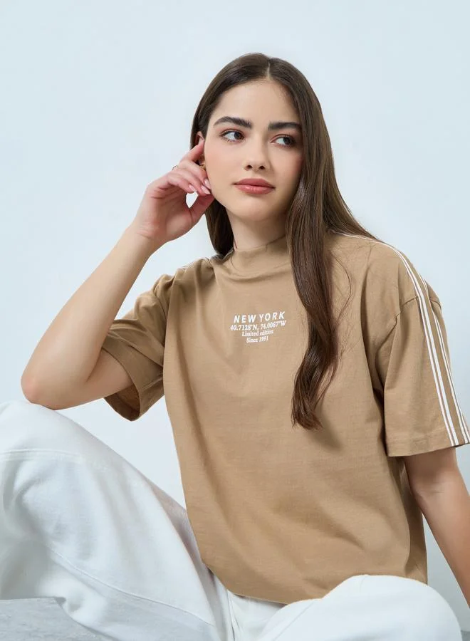 Styli Brown Taping Detail Cotton Oversized T-Shirt