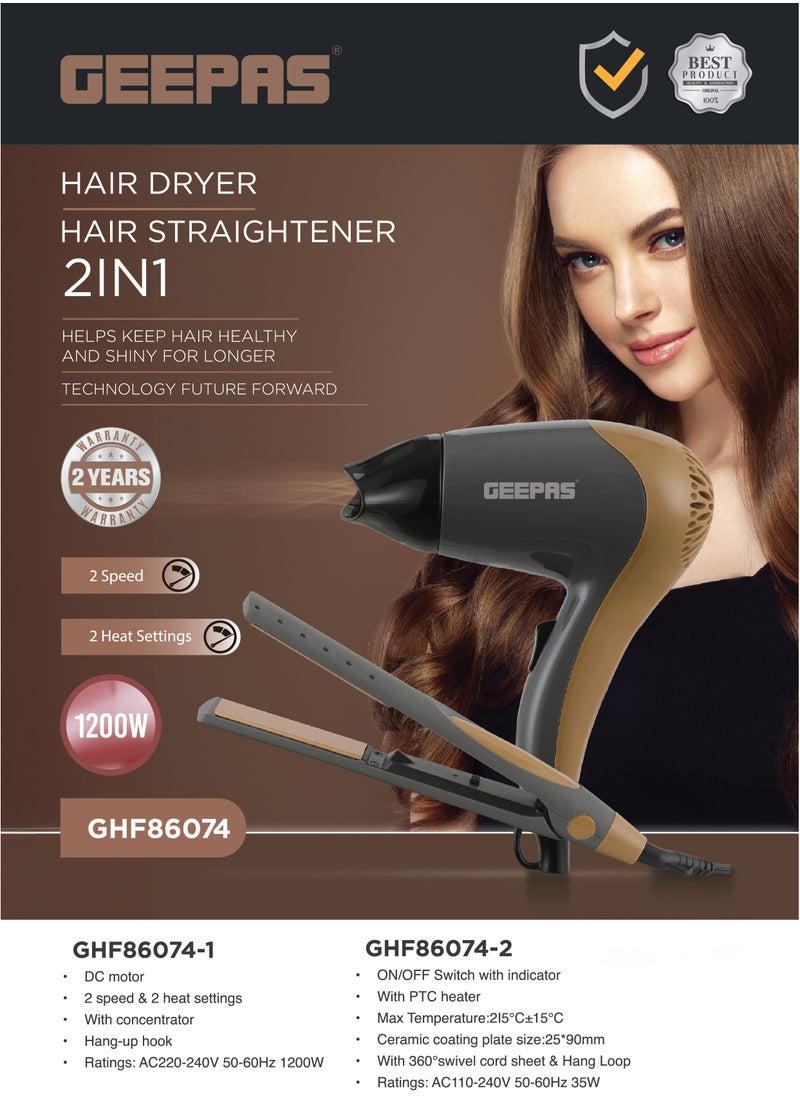 GEEPAS Hair Dryer & Straightener Combo, Dryer With DC Motor, 2 Speed & 2 Heat Setting, Concentrator, Hang-Up Hook & Straightner With On/Off Switch With Indicator, PTC Heater, Ceramic Coating plate  - Image 2