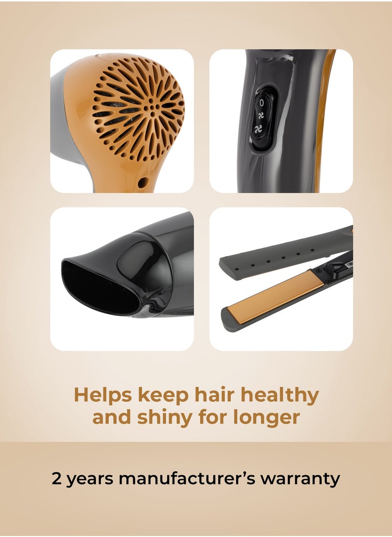 GEEPAS - Hair Dryer & Straightener Combo, Dryer With DC Motor, 2 Speed & 2 Heat Setting, Concentrator, Hang-Up Hook & Straightner With On/Off Switch With Indicator, PTC Heater, Ceramic Coating plate - Image 1