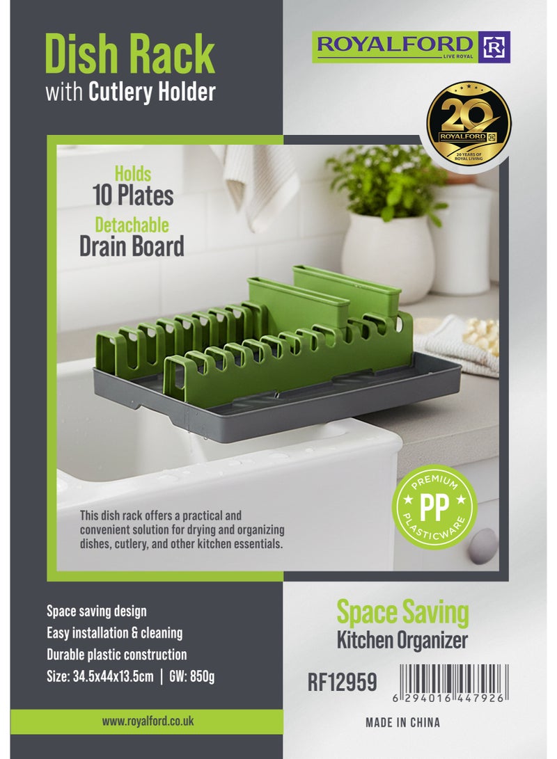 Royalford Dish Drainer Rack with Cutlery Holder RF12959 Drainer with Drip Tray Durable Plastic Dish Rack with Cutlery Holder Detachable Draining Board for Kitchen Counter Dish Organizer Space Saving Multicolor - Image 2