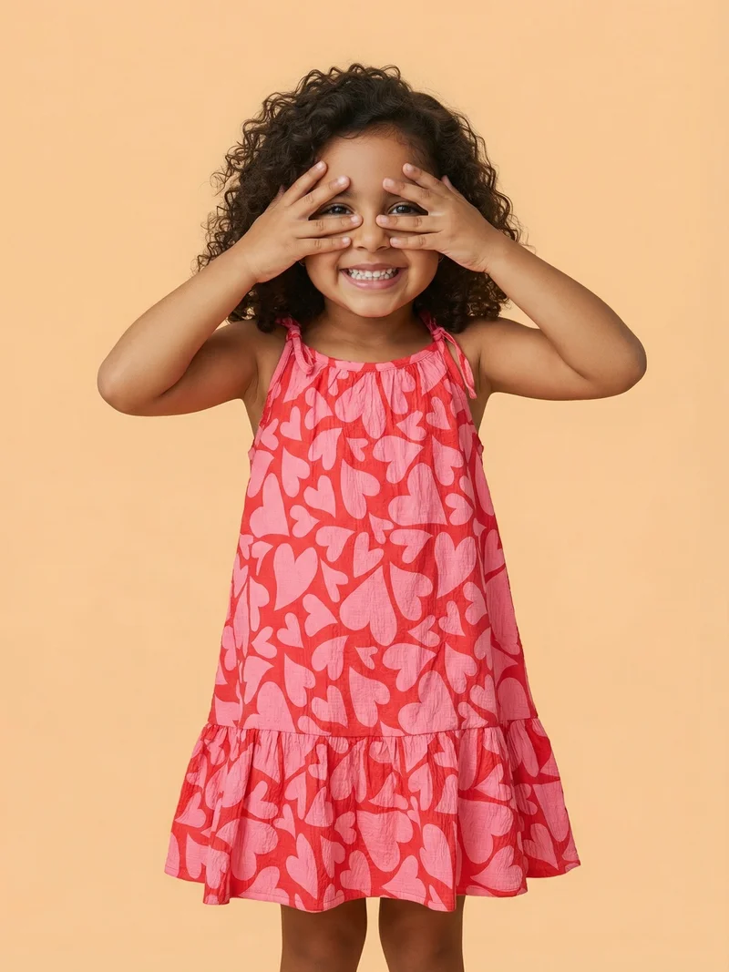 نوتيناتي Nautinati Girls' Valentine's Day Theme All-over Heart Print A-line Strappy A-line Drop Waist Dress