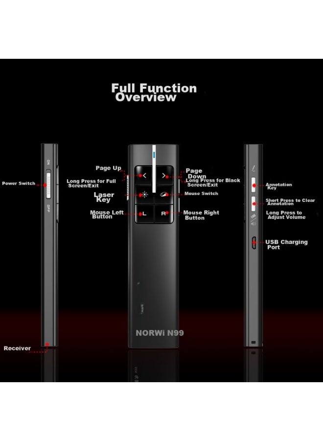 Norwii Air Mouse Page-turning Pen For Teachers, Ppt Remote Control Pen, Presentation Remote, Laser Pointer Page-turning Device, Electronic Pen, Air Mouse N99 Red Light Black - Image 3