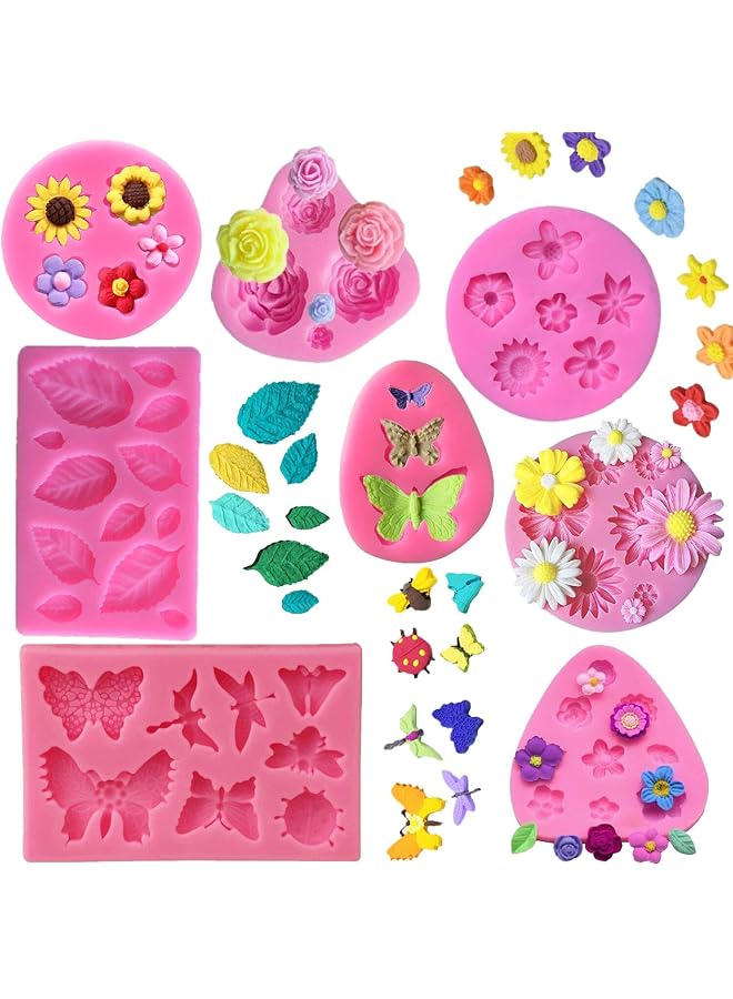 S-TOP Silicone Cake Mold Set -8 Pcs, Rose Butterfly Daisy Rose Leaf and Mini Flowers Fondant Candy for Chocolate Polymer Clay Soap Crafting Projects Cake Decoration - Image 1