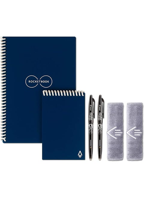 Smart Reusable Notebook Set Dot Grid Eco Friendly Notebook With 2 Pilot Frixion Pens And 2 Microfiber Cloths Included Midnight Blue Covers Executive 6" X 8.8” And Mini Size 3.5" X 5.5"