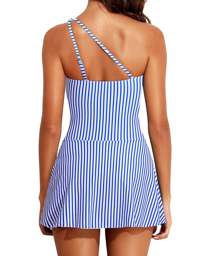 Tempt Me Women Blue Striped One Piece Swim Dress One Shoulder Swimsuit with Skirt Tummy Control Swimdress Bathing Suit M - Image 2
