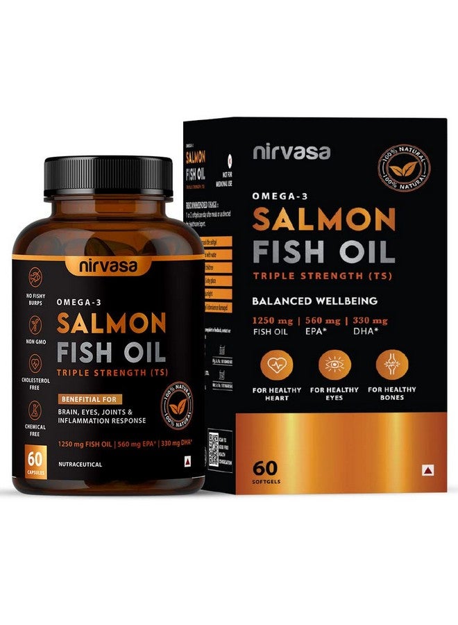 Nirvasa Triple Strength Omega 3 Salmon Fish Oil Softgel Capsules | 1250mg Salmon Fish Oil 560mg EPA 400mg DHA | Heart, Brain, Joint & Bone Support | No Fishy Burps | For Men & Women | 60 Capsules - Image 1