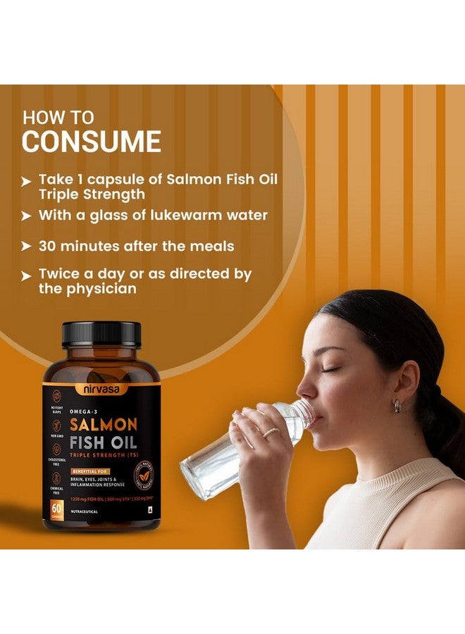 Nirvasa Triple Strength Omega 3 Salmon Fish Oil Softgel Capsules | 1250mg Salmon Fish Oil 560mg EPA 400mg DHA | Heart, Brain, Joint & Bone Support | No Fishy Burps | For Men & Women | 60 Capsules - Image 2