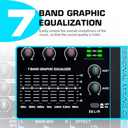 D Debra Audio Mixer 10 Channel, DP-10 Professional Stereo Mixer with 99 DSP Reverb, 7-Band EQ, USB, 48V Phantom Power, One-Click Mute for Karaoke Studio Streaming Recording (DP-10) - Image 4