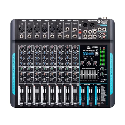 D Debra Audio Mixer 10 Channel, DP-10 Professional Stereo Mixer with 99 DSP Reverb, 7-Band EQ, USB, 48V Phantom Power, One-Click Mute for Karaoke Studio Streaming Recording (DP-10) - Image 1