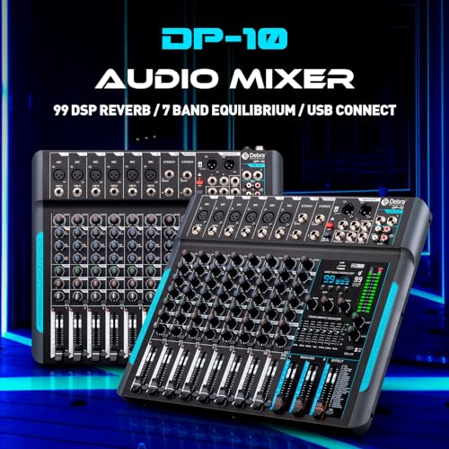 D Debra Audio Mixer 10 Channel, DP-10 Professional Stereo Mixer with 99 DSP Reverb, 7-Band EQ, USB, 48V Phantom Power, One-Click Mute for Karaoke Studio Streaming Recording (DP-10) - Image 2