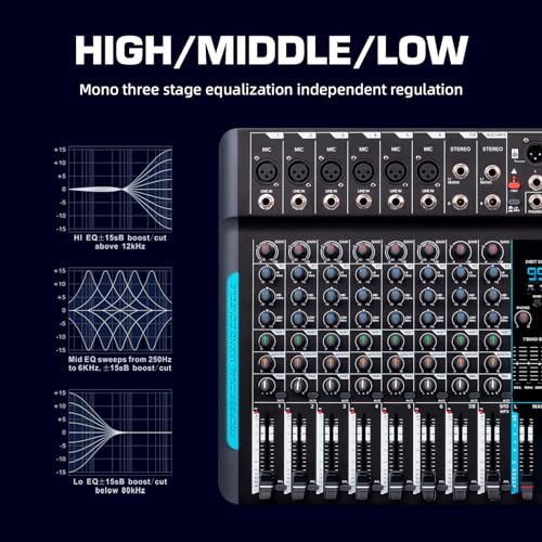D Debra Audio Mixer 10 Channel, DP-10 Professional Stereo Mixer with 99 DSP Reverb, 7-Band EQ, USB, 48V Phantom Power, One-Click Mute for Karaoke Studio Streaming Recording (DP-10) - Image 5