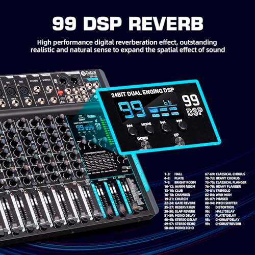 D Debra Audio Mixer 10 Channel, DP-10 Professional Stereo Mixer with 99 DSP Reverb, 7-Band EQ, USB, 48V Phantom Power, One-Click Mute for Karaoke Studio Streaming Recording (DP-10) - Image 3