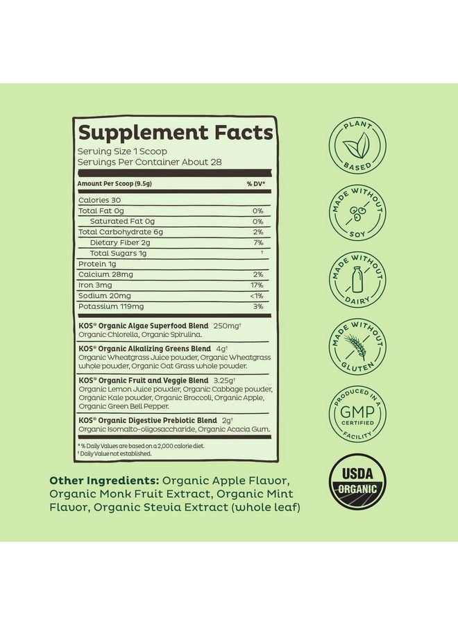 KOS Usda Organic Super Greens Powder Plant Based Algae Superfood Blend With Spirulina Chlorella & Wheatgrass Keto Vegan Daily Green Juice Smoothie Drink Green Apple Sorbet Flavor 28 Servings - Image 4