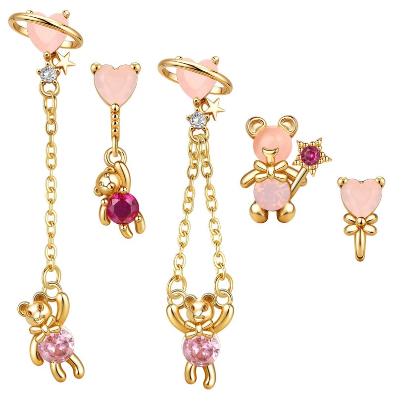 Krfy 5 Pcs Dainty 14K Gold Plated Earrings for Women - Sterling Silver Post Hypoallergenic Cartilage Earrings for Women Dangle Pink Bear Earring Sets for Multiple Piercing - Image 3