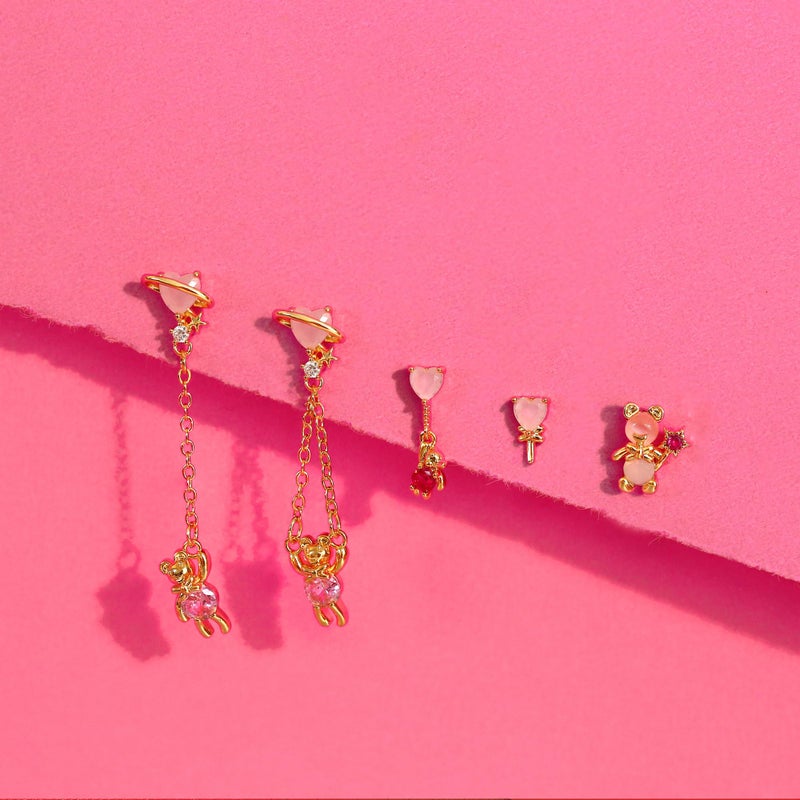 Krfy 5 Pcs Dainty 14K Gold Plated Earrings for Women - Sterling Silver Post Hypoallergenic Cartilage Earrings for Women Dangle Pink Bear Earring Sets for Multiple Piercing - Image 4