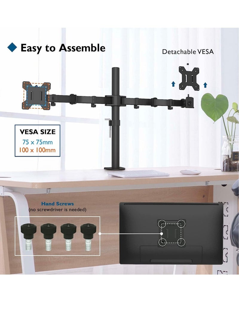 Vesa 1home Double Twin Arm Desk Mount Ergonomic TV LCD Monitor Computer Screen Bracket Dual Tilt Swivel Rotation (13in-27in) - Image 3