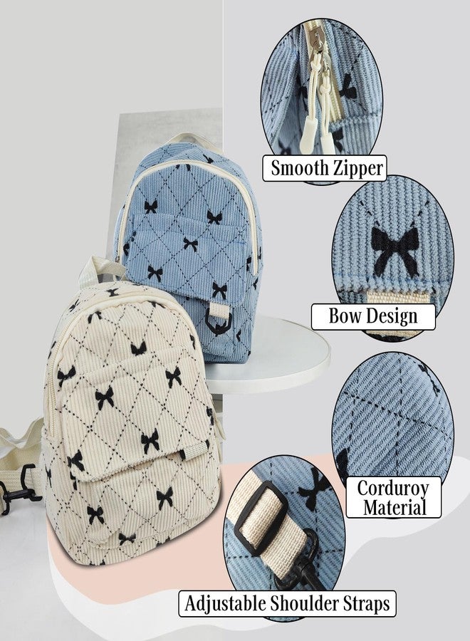 Feelorna Mini Backpack for Women, Soft Corduroy Bow Small Backpack, Lightweight Cute Tiny Backpacks Fashion Travel Daypack, Blue, Mini - Image 3