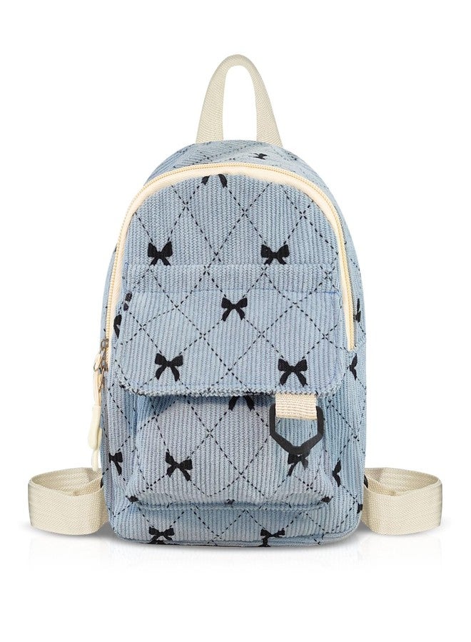 Feelorna Mini Backpack for Women, Soft Corduroy Bow Small Backpack, Lightweight Cute Tiny Backpacks Fashion Travel Daypack, Blue, Mini - Image 1
