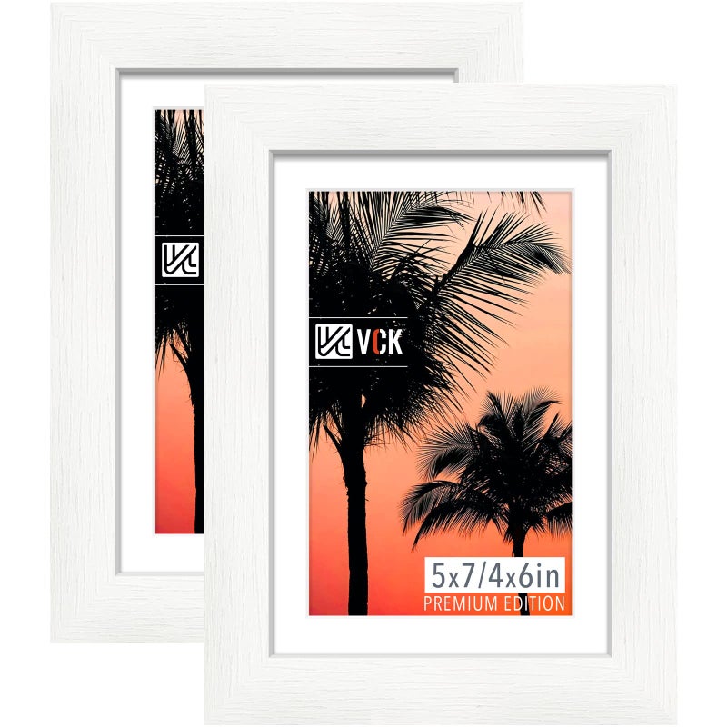 VCK 5x7 White Picture Frame Wooden Frames Set of 2 with HD Glass For 4x6 Photos with Mat or 5x7 without Mat Table Display and Wall Hanging