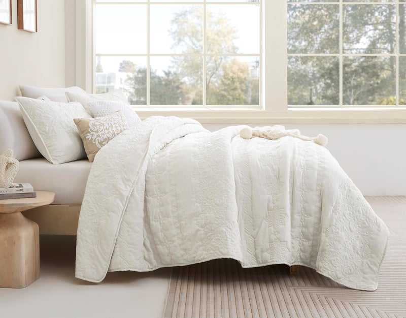 B2EVER Boho Ivory Quilt Twin Size Bedding Sets with Pillow Sham, Bohemian Lightweight Soft Bedspread Coverlet, Cream Farmhouse Floral Vintage Thin Comforter Bed Cover for All Season, 2 Pieces, 68x90 inches - Image 2