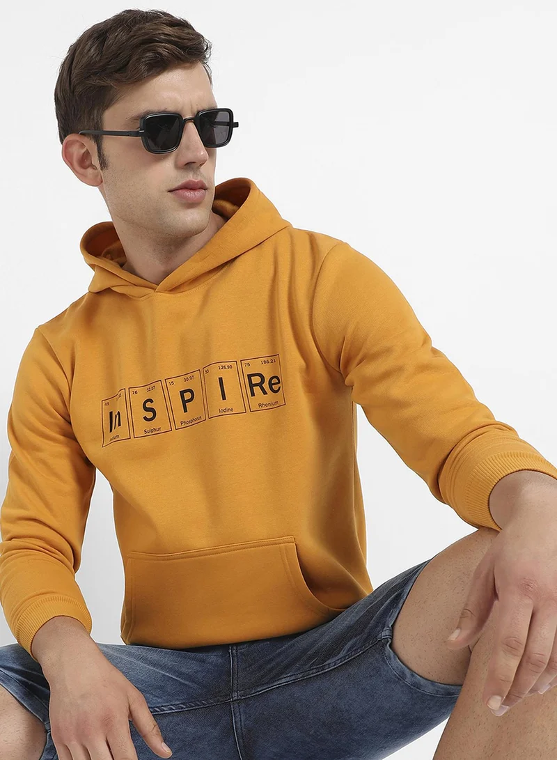 Campus Sutra Men's Mustard Yellow Inspire Print Pullover Hoodie