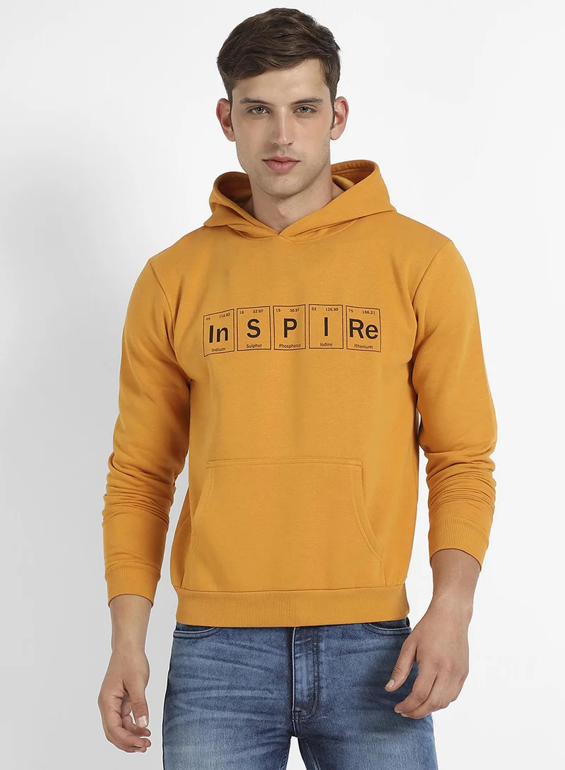 Campus Sutra Men's Mustard Yellow Inspire Print Pullover Hoodie