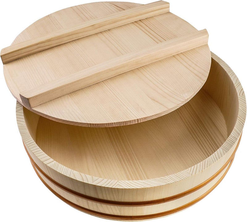 Kichgather Wooden Sushi Rice Bowl with Lid Hangiri Sushi Oke Sushi Rice Mixing Tub 118  with lid - Image 1