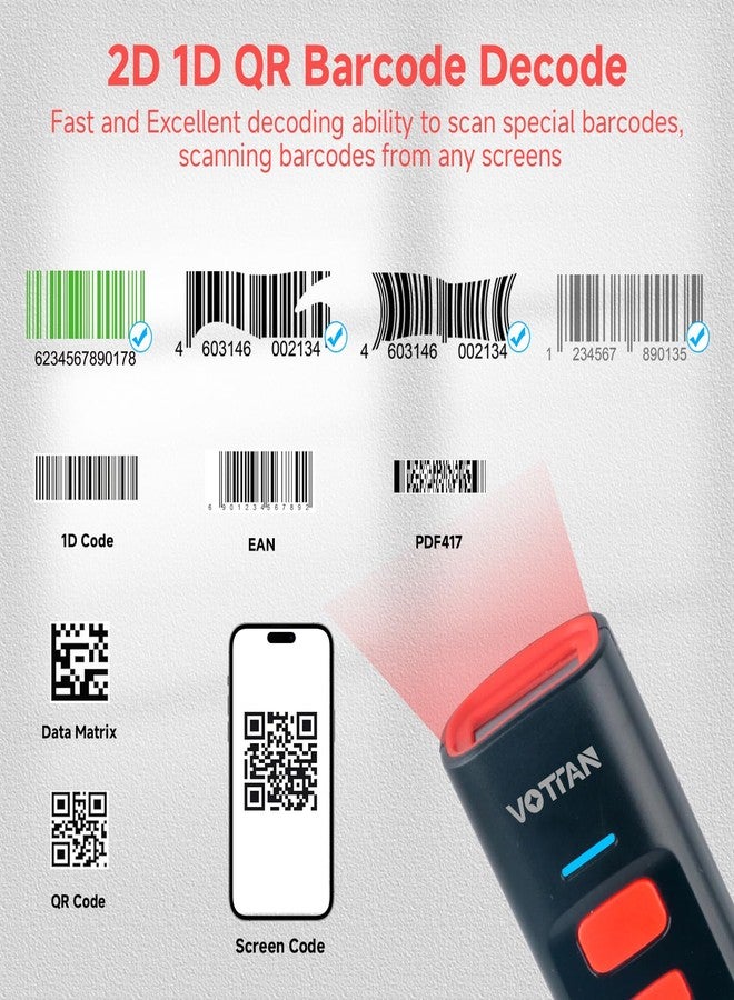 VOTTAN Bluetooth QR Barcode Scanner with Charge Stand, 1D 2D PDF417 UPC Pocket Bar Code Reader, 3-in-1 Rechargeable Automatic Scan Wireless Barcode Scanner for POS, PC, iOS, Android - Image 2