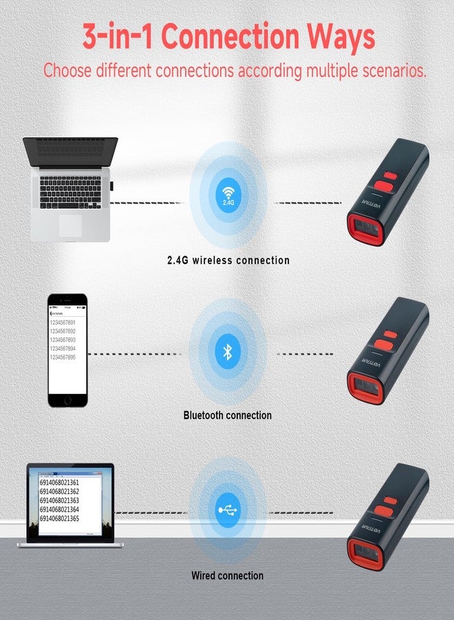 VOTTAN Bluetooth QR Barcode Scanner with Charge Stand, 1D 2D PDF417 UPC Pocket Bar Code Reader, 3-in-1 Rechargeable Automatic Scan Wireless Barcode Scanner for POS, PC, iOS, Android - Image 5