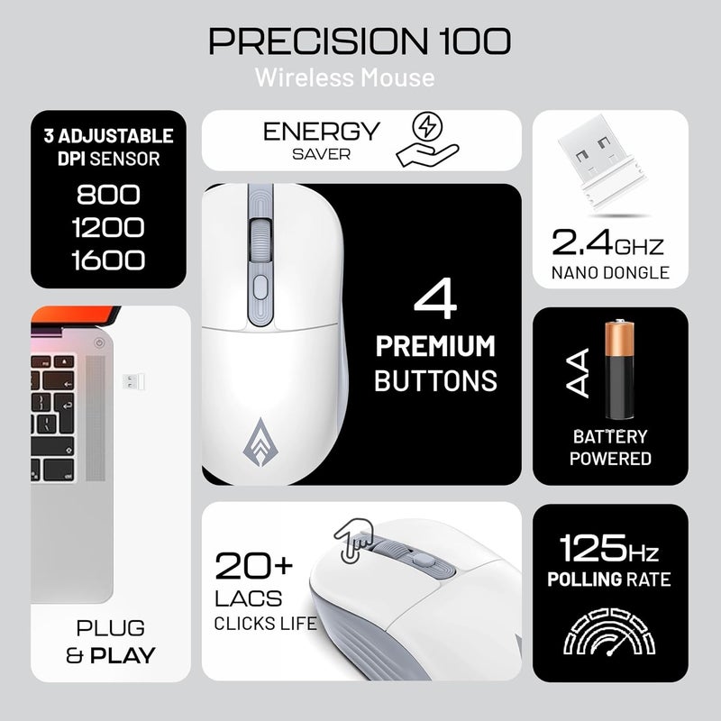 Archer Tech Lab Wireless Mouse, 2.4GHz USB Nano Receiver,3 DPI (800/1200/1600), Ergonomic Lightweight Design 55g, 10M Range, Plug & Play,2 Million Clicks, for Windows PC/Laptop (Precision 100-White) - Image 2