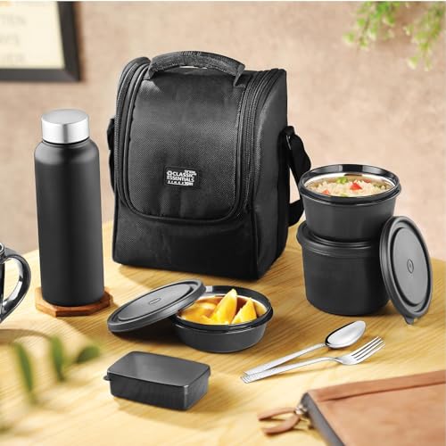 CLASSIC ESSENTIALS Supreme All in One Lunch Box with Insulated Bag | Microwave Safe Containers with Steel Inner | Leak Resistant (with Bottle, Black, 4 Containers) - Image 1