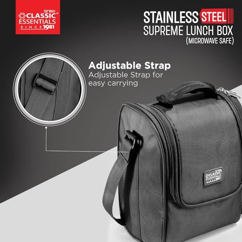 CLASSIC ESSENTIALS Supreme All in One Lunch Box with Insulated Bag | Microwave Safe Containers with Steel Inner | Leak Resistant (with Bottle, Black, 4 Containers) - Image 2