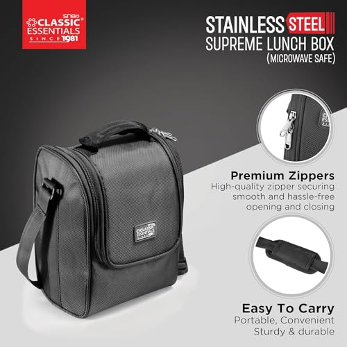 CLASSIC ESSENTIALS Supreme All in One Lunch Box with Insulated Bag | Microwave Safe Containers with Steel Inner | Leak Resistant (with Bottle, Black, 4 Containers) - Image 4
