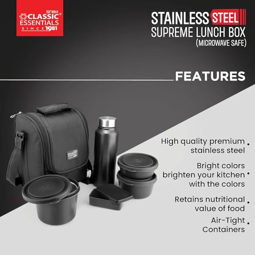 CLASSIC ESSENTIALS Supreme All in One Lunch Box with Insulated Bag | Microwave Safe Containers with Steel Inner | Leak Resistant (with Bottle, Black, 4 Containers) - Image 3