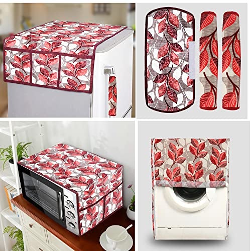 E-Retailer® Exclusive 3-Layered Polyester Combo Set of Appliances Cover (1 Pc. Fridge Top Cover, 3 Pc. Handle Cover, 1 Pc. of Microwave Oven Top Cover and 1 Pc. Front Load Washing Machine Cover) (Color-Pink, Design-Leaf, Set Contains-6 Pcs.) - Image 1