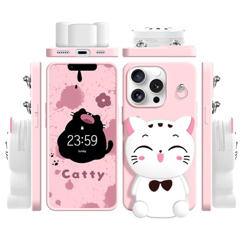 SGVAHY Wallet Case for iPhone 16 Pro Max with Strap Lanyard Cute Cat Pink Coin Purse Funny Phone Case Kawaii Soft Silicone Shockproof Cover for Women Girls - Image 3