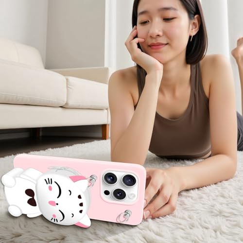 SGVAHY Wallet Case for iPhone 16 Pro Max with Strap Lanyard Cute Cat Pink Coin Purse Funny Phone Case Kawaii Soft Silicone Shockproof Cover for Women Girls - Image 5
