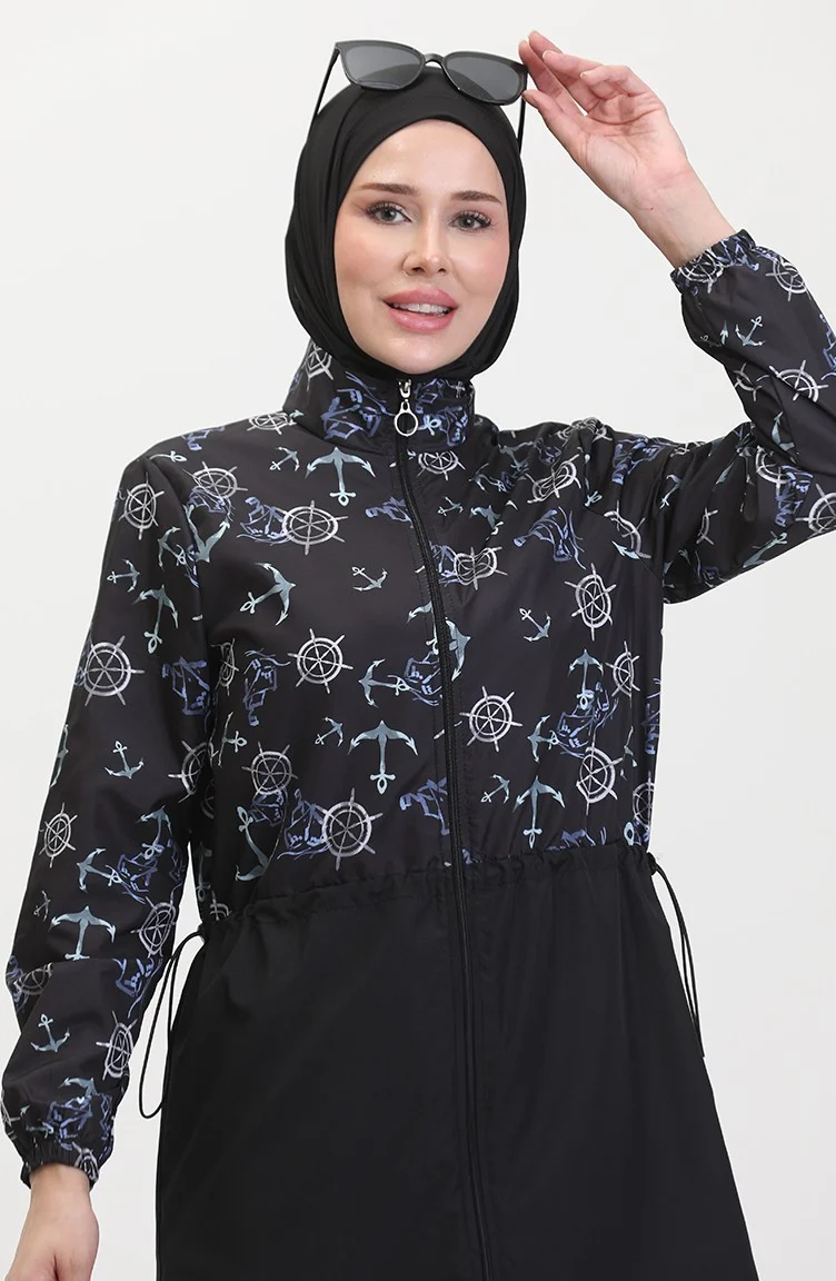 Sefa Merve Anchor Patterned Elastic Waist Hijab Swimsuit 5038-01 Black Blue