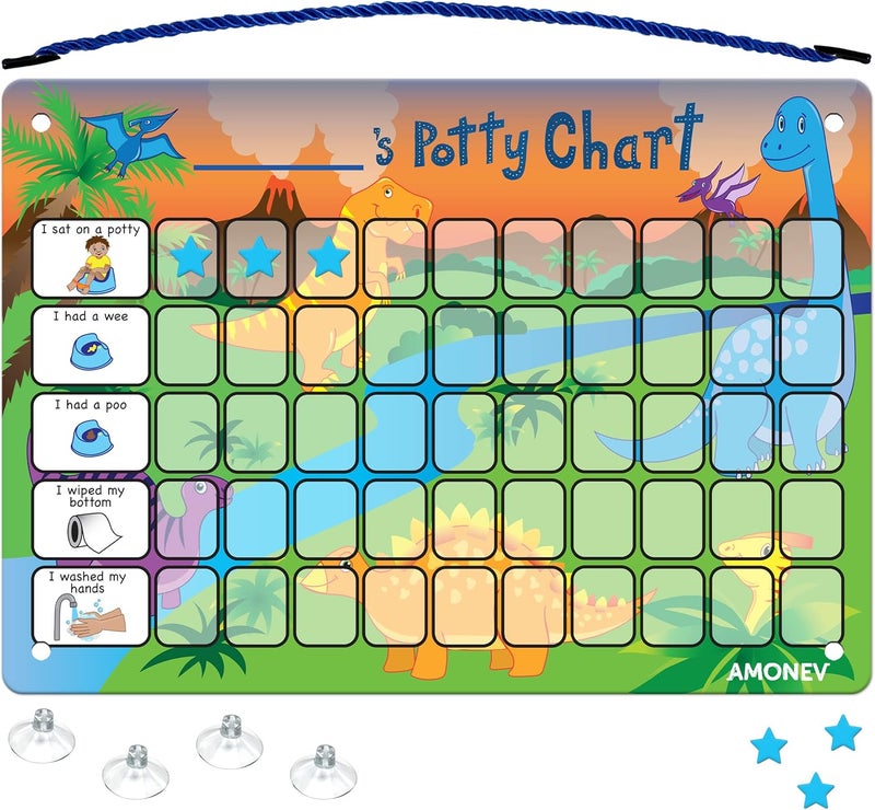 Amonev Children's Dinosaur Potty Training Chart. Magnetic Sticker Chart. Reusable Wall Chart for Toilet Training. Suction Cups for Tiles or Glass - Image 1