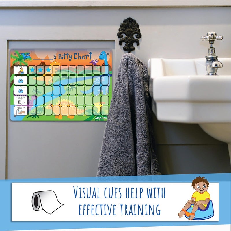 Amonev Children's Dinosaur Potty Training Chart. Magnetic Sticker Chart. Reusable Wall Chart for Toilet Training. Suction Cups for Tiles or Glass - Image 5