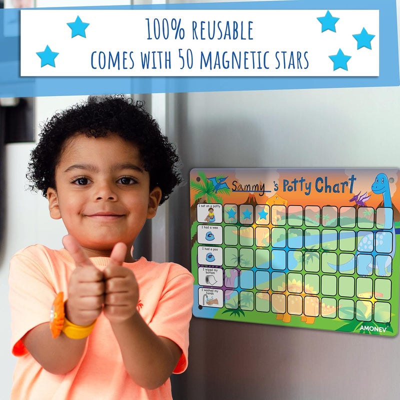 Amonev Children's Dinosaur Potty Training Chart. Magnetic Sticker Chart. Reusable Wall Chart for Toilet Training. Suction Cups for Tiles or Glass - Image 2