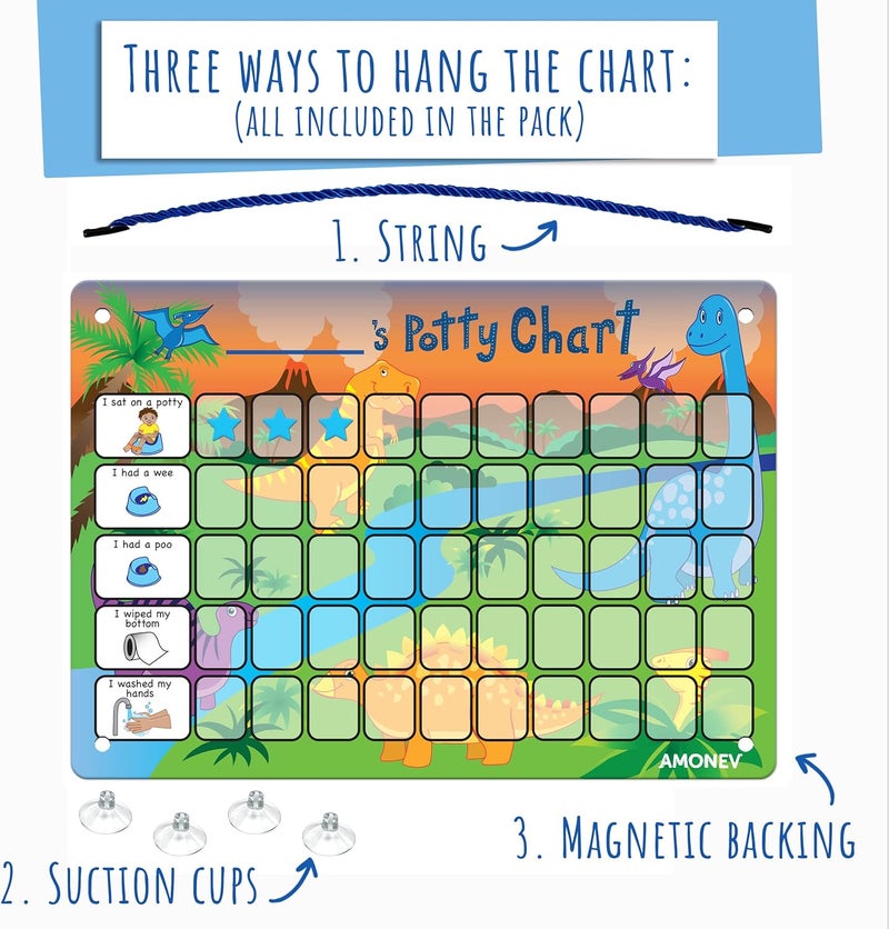 Amonev Children's Dinosaur Potty Training Chart. Magnetic Sticker Chart. Reusable Wall Chart for Toilet Training. Suction Cups for Tiles or Glass - Image 3