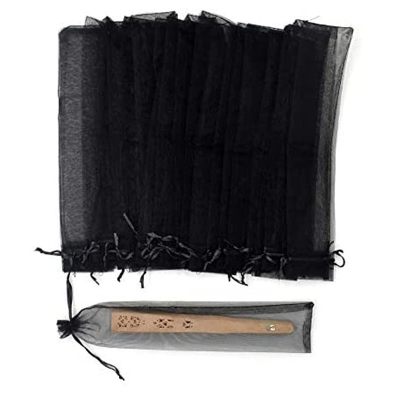 50 black hand folding fan organza bags, black mesh bags - Image 1