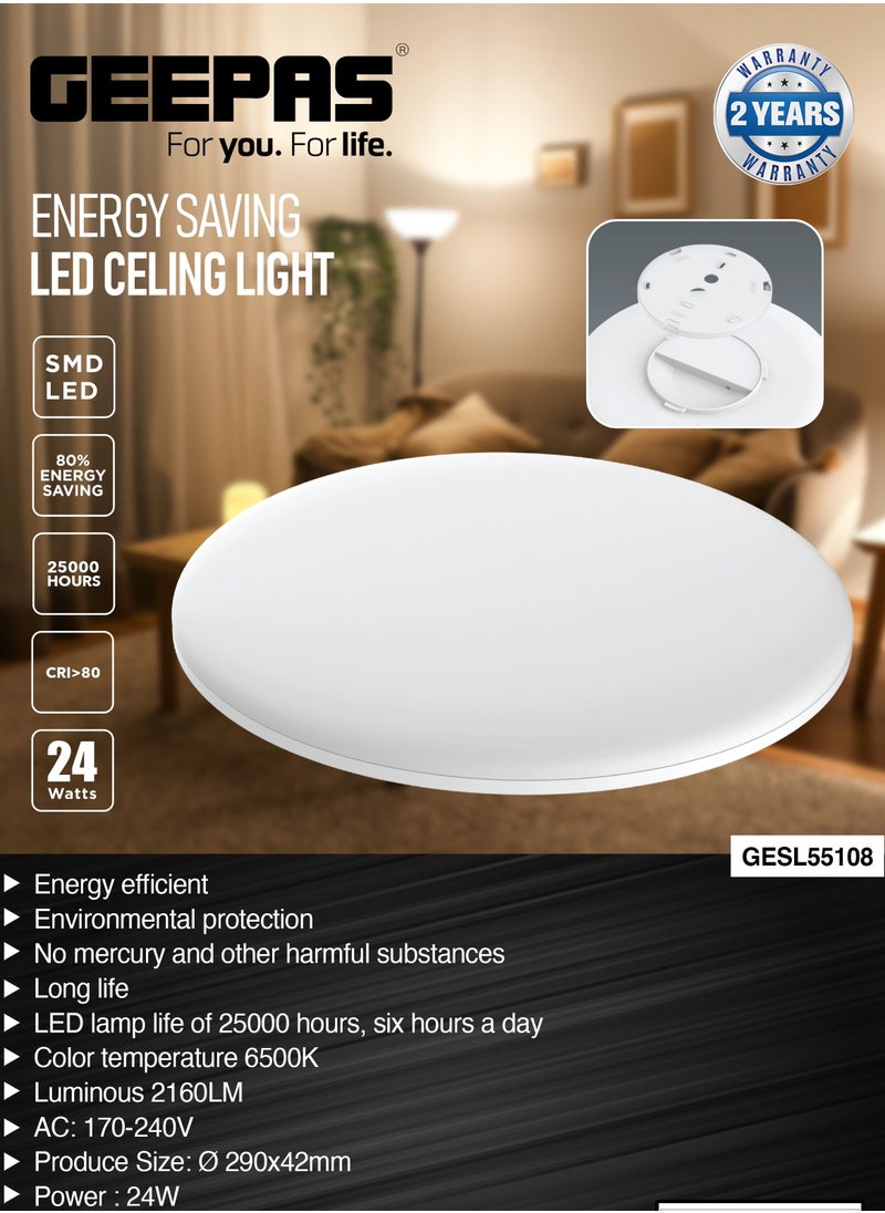 GEEPAS - Geepas 24 W Energy Saving LED Ceiling Light GESL55108, 2160 Lumens and 6500 K Color Temperature| Energy Efficient LED Light with 25000 Hours Lifetime, Ceiling Light Perfect for Home and Office Use - Image 1