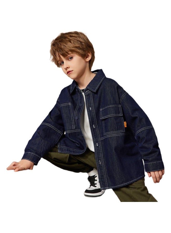 Ask Junior Boys' Jacket Autumn Wear, Versatile Children'S Retro Washed Denim Shirt Jacket, Trendy, Dark Blue, Size 160 - Image 2