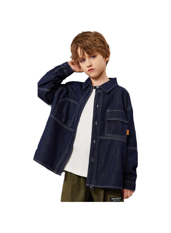 Ask Junior Boys' Jacket Autumn Wear, Versatile Children'S Retro Washed Denim Shirt Jacket, Trendy, Dark Blue, Size 160 - Image 1