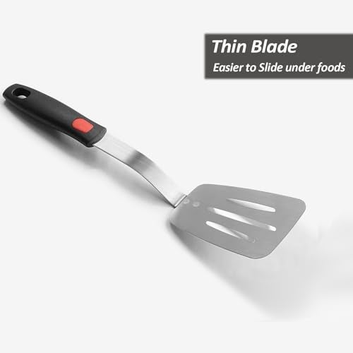 XiaoZu Stainless Steel Spatula, Flexible Metal Slotted Turner for Cast Iron Skillet, Thin Blade and Heat Resistant Silicone Handle, Great for Egg, Cookie, Meat, Crep, Medium - Image 2