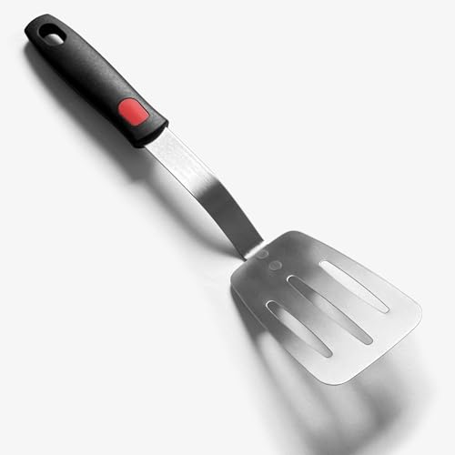 XiaoZu Stainless Steel Spatula, Flexible Metal Slotted Turner for Cast Iron Skillet, Thin Blade and Heat Resistant Silicone Handle, Great for Egg, Cookie, Meat, Crep, Medium - Image 1