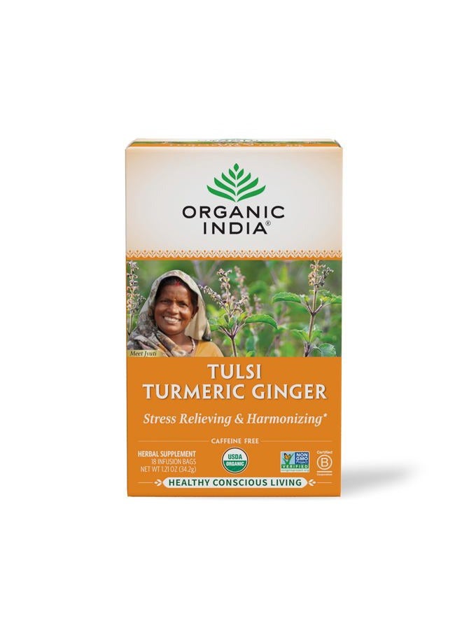 Organic India Tulsi Turmeric Ginger Tea Bags - Herbal Tea, Stress Relieving & Harmonizing, Immune Support, Healthy Inflammatory Response, Aids Digestion, Caffeine-Free - 18 Infusion Bags, 1 Pack - Image 1