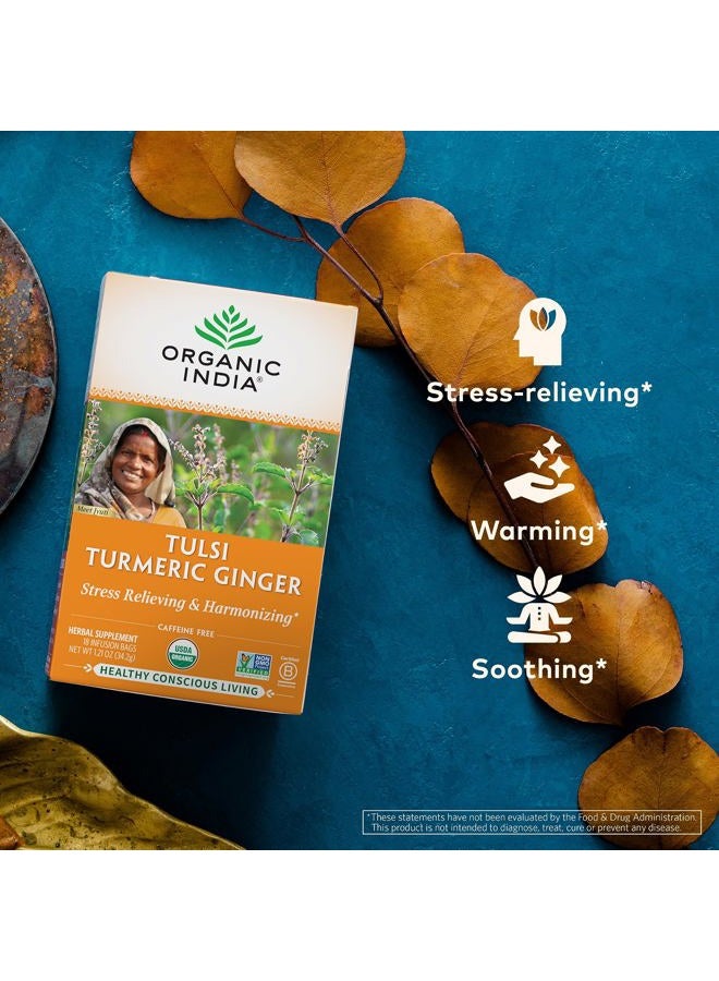 Organic India Tulsi Turmeric Ginger Tea Bags - Herbal Tea, Stress Relieving & Harmonizing, Immune Support, Healthy Inflammatory Response, Aids Digestion, Caffeine-Free - 18 Infusion Bags, 1 Pack - Image 3